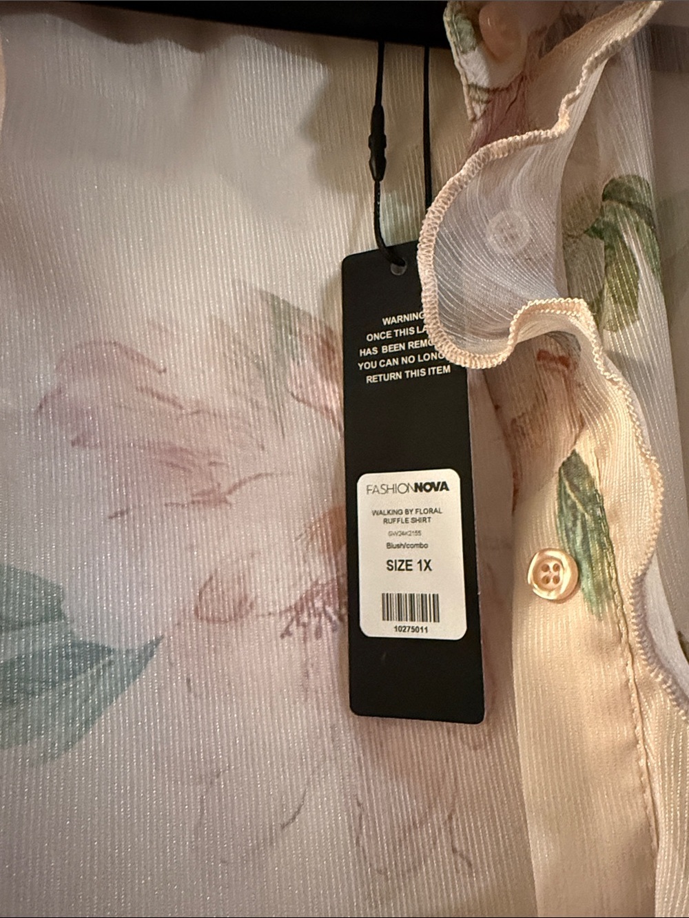 Fashion Nova Sheer Floral Ruffle Blouse - Pink & Green - Picture 2 of 3